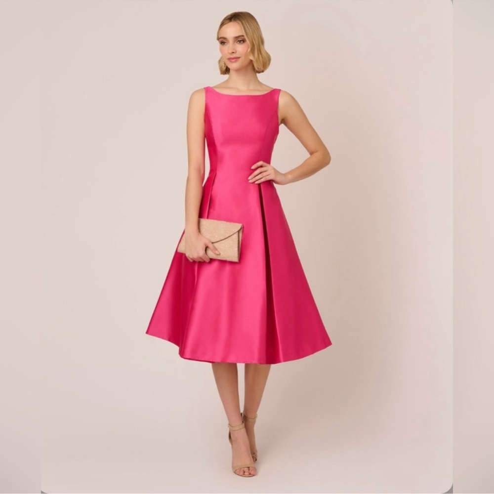 Sleeveless Mikado Fit & Flare Midi Dress With V-Back - Electric Pink - NWT - Picture 2 of 15